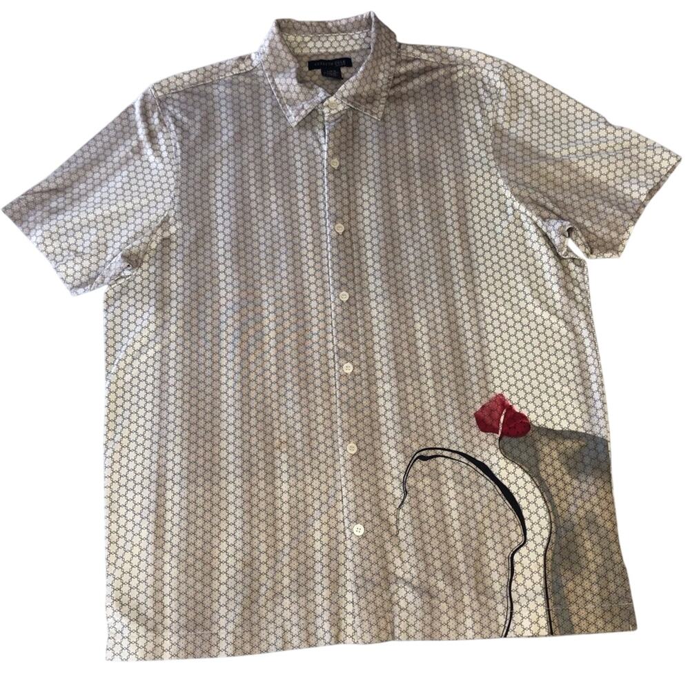 Men's Kenneth Cole Casual Shirt Button Front Tan Hexagram Graphic Design Print